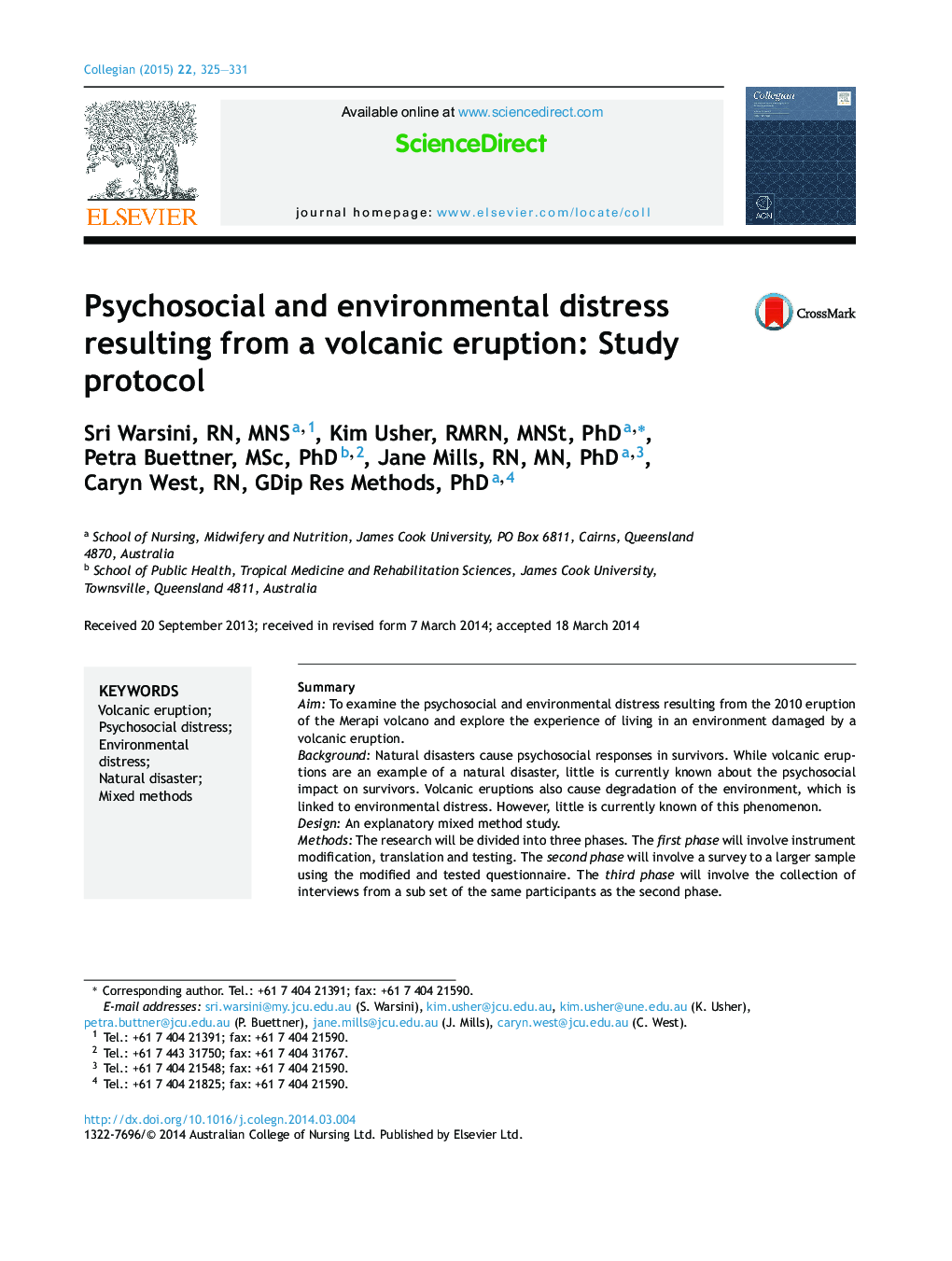 Psychosocial and environmental distress resulting from a volcanic eruption: Study protocol