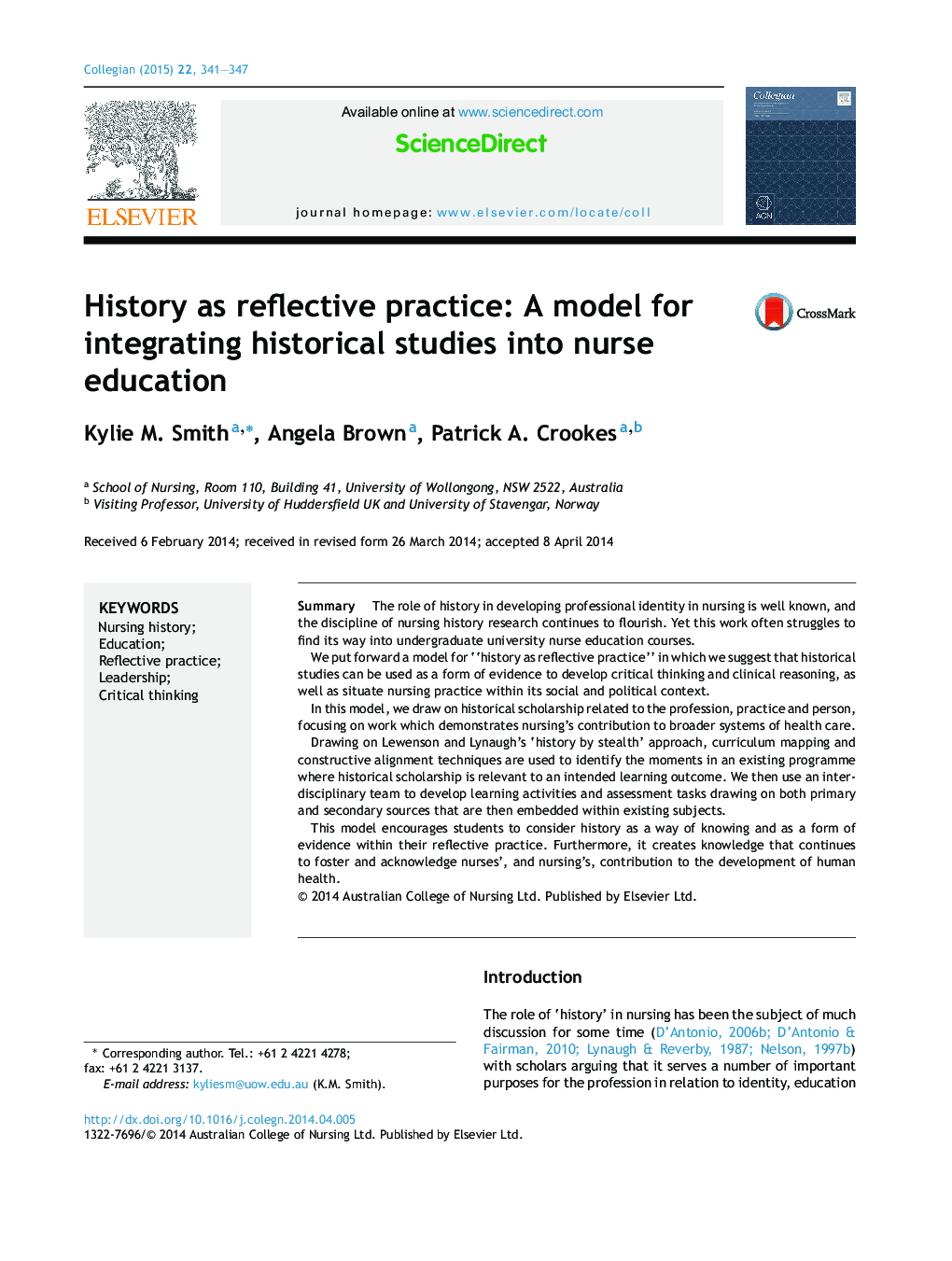 تاریخ به عنوان عمل بازتابنده: یک مدل برای ادغام مطالعات تاریخی در آموزش پرستار
