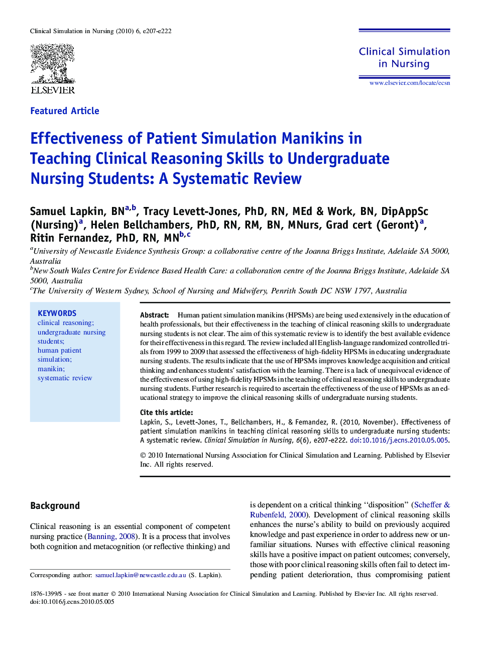 Effectiveness of Patient Simulation Manikins in Teaching Clinical Reasoning Skills to Undergraduate Nursing Students: A Systematic Review 