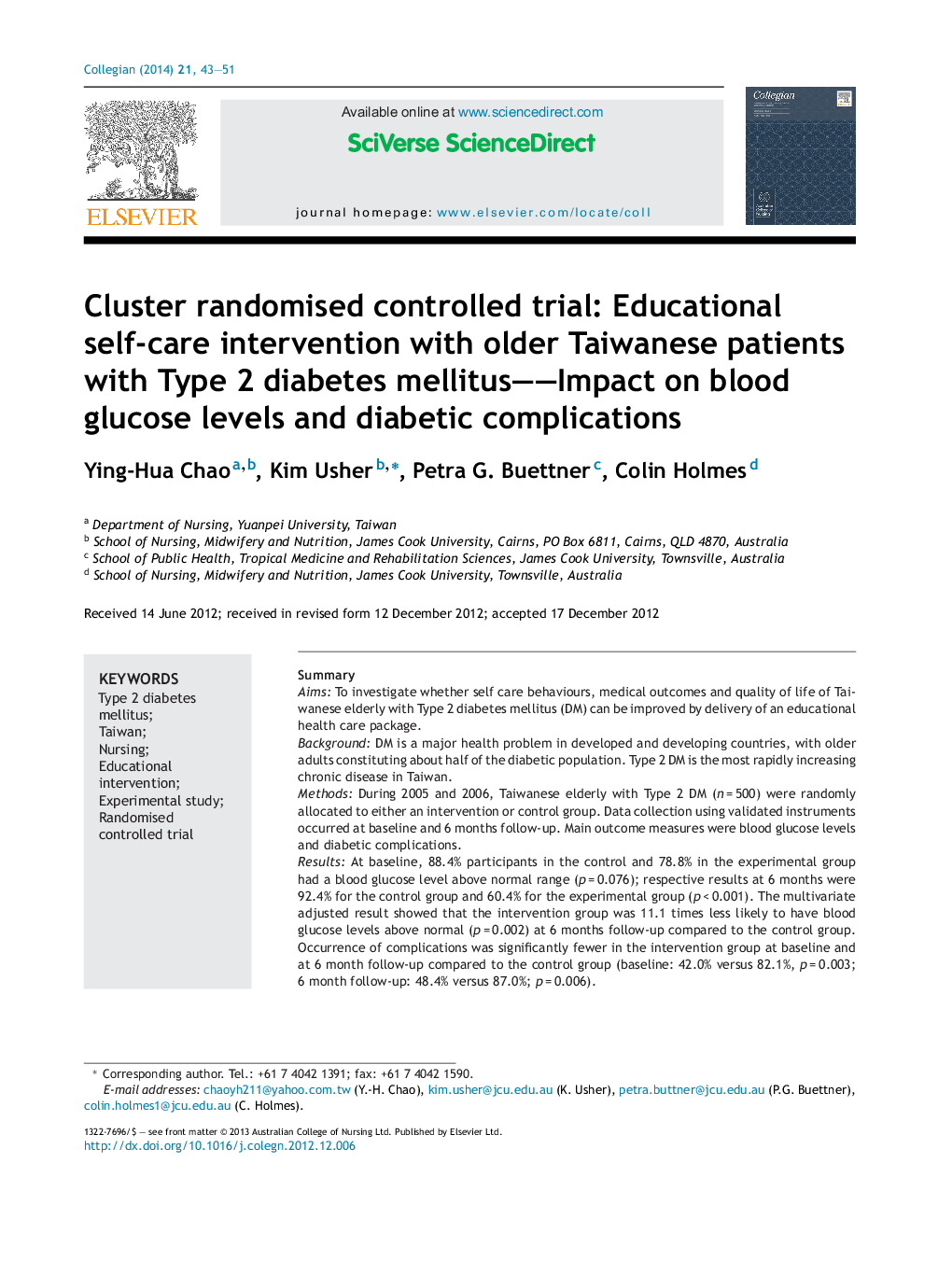 Cluster randomised controlled trial: Educational self-care intervention with older Taiwanese patients with Type 2 diabetes mellitus––Impact on blood glucose levels and diabetic complications