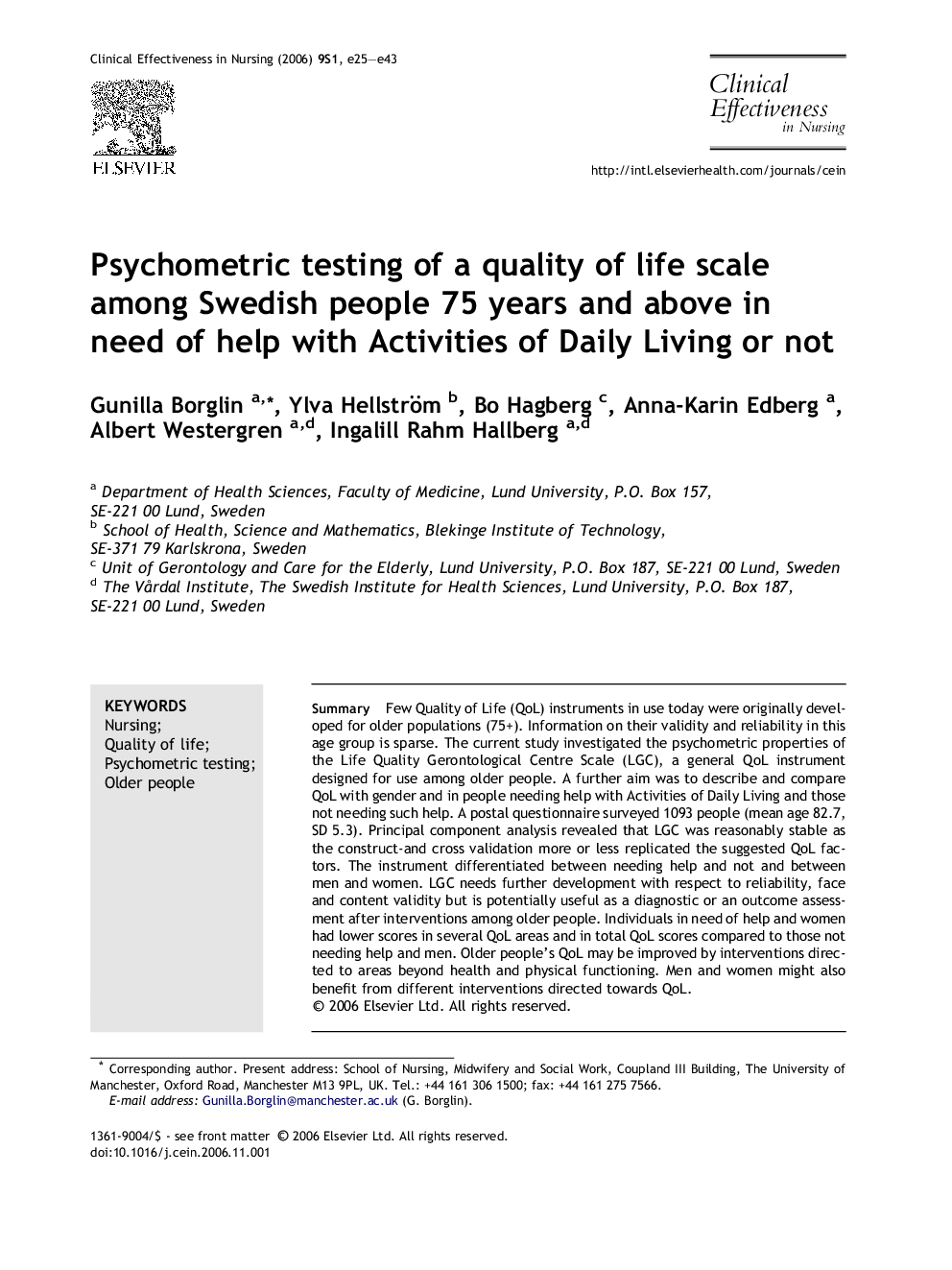 Psychometric testing of a quality of life scale among Swedish people 75 years and above in need of help with Activities of Daily Living or not