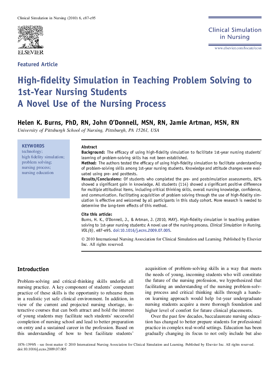 High-fidelity Simulation in Teaching Problem Solving to 1st-Year Nursing Students : A Novel Use of the Nursing Process