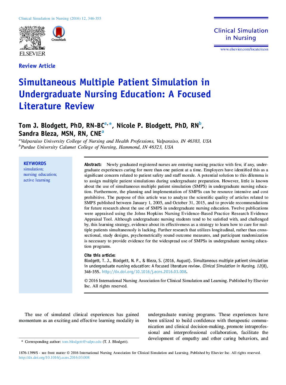 Simultaneous Multiple Patient Simulation in Undergraduate Nursing Education: A Focused Literature Review