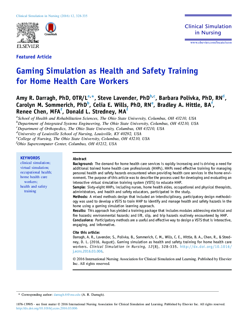 Gaming Simulation as Health and Safety Training for Home Health Care Workers