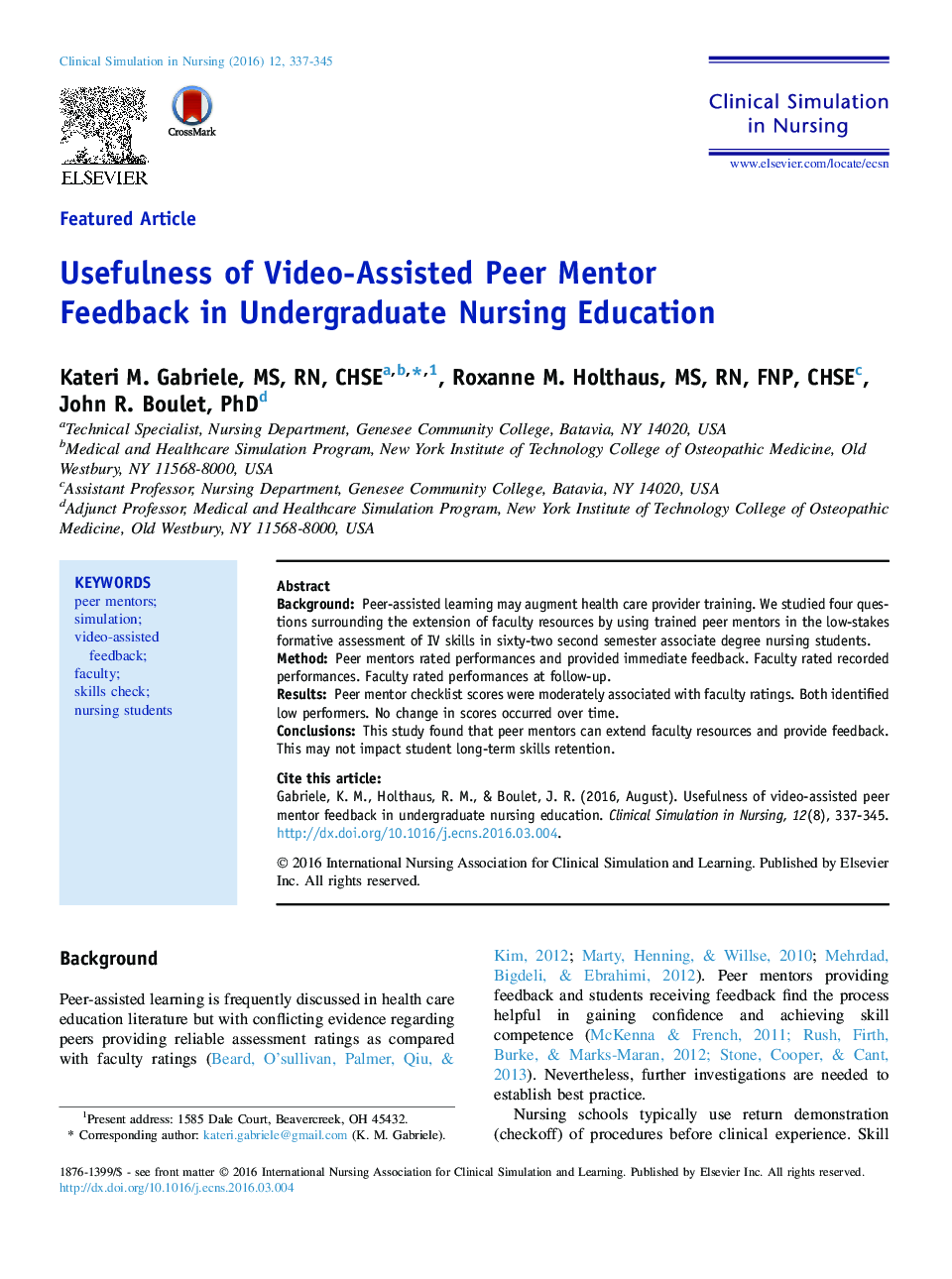 Usefulness of Video-Assisted Peer Mentor Feedback in Undergraduate Nursing Education