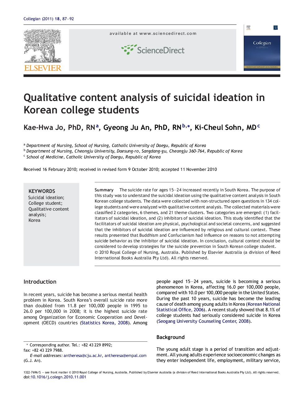 Qualitative content analysis of suicidal ideation in Korean college students