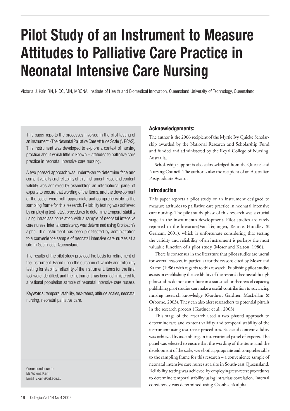 Pilot Study of an Instrument to Measure Attitudes to Palliative Care Practice in Neonatal Intensive Care Nursing