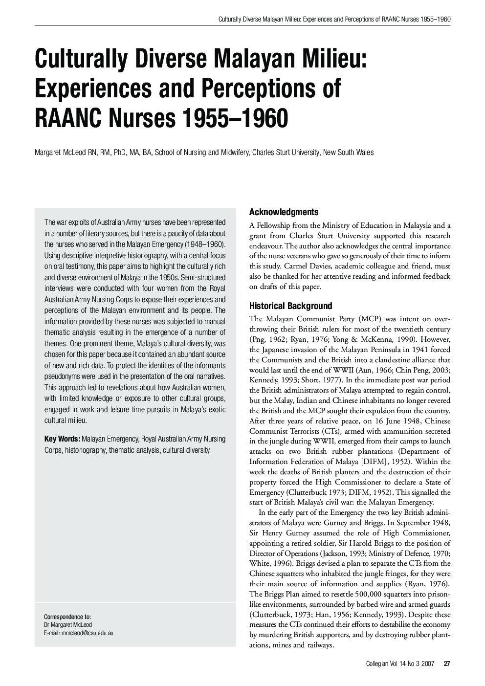 Culturally Diverse Malayan Milieu: Experiences and Perceptions of RAANC Nurses 1955-1960