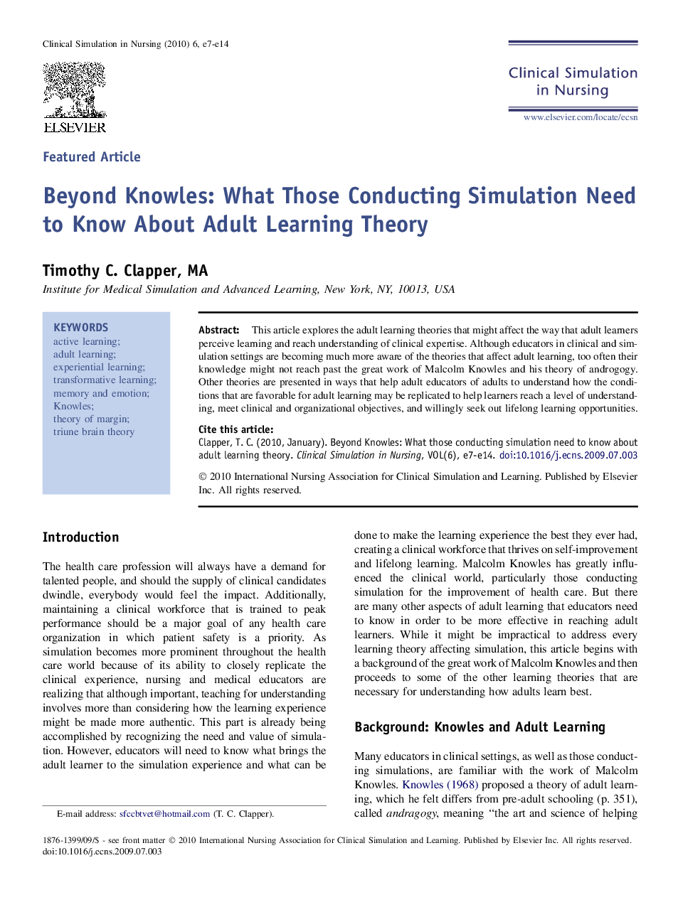 Beyond Knowles: What Those Conducting Simulation Need to Know About Adult Learning Theory 