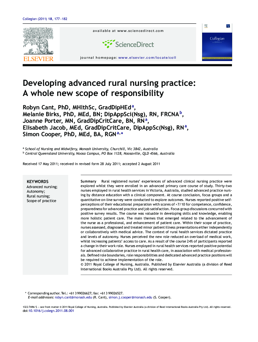 Developing advanced rural nursing practice: A whole new scope of responsibility