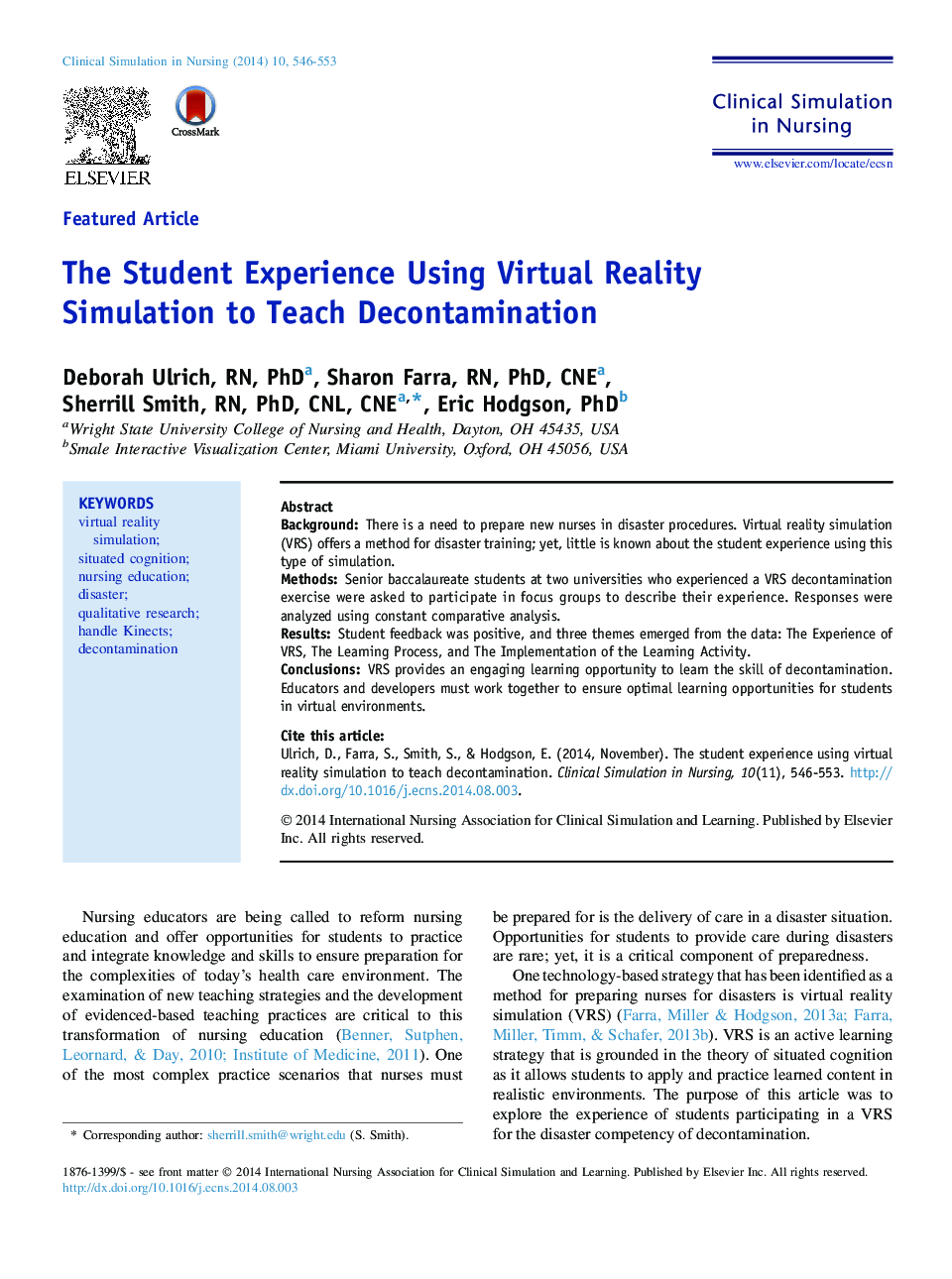 The Student Experience Using Virtual Reality Simulation to Teach Decontamination