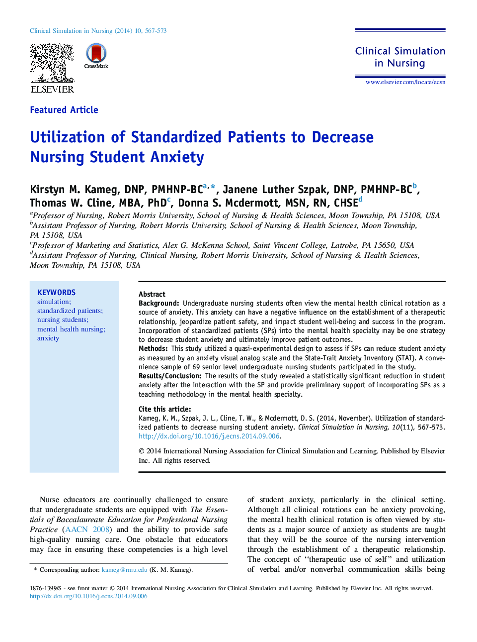 Utilization of Standardized Patients to Decrease Nursing Student Anxiety