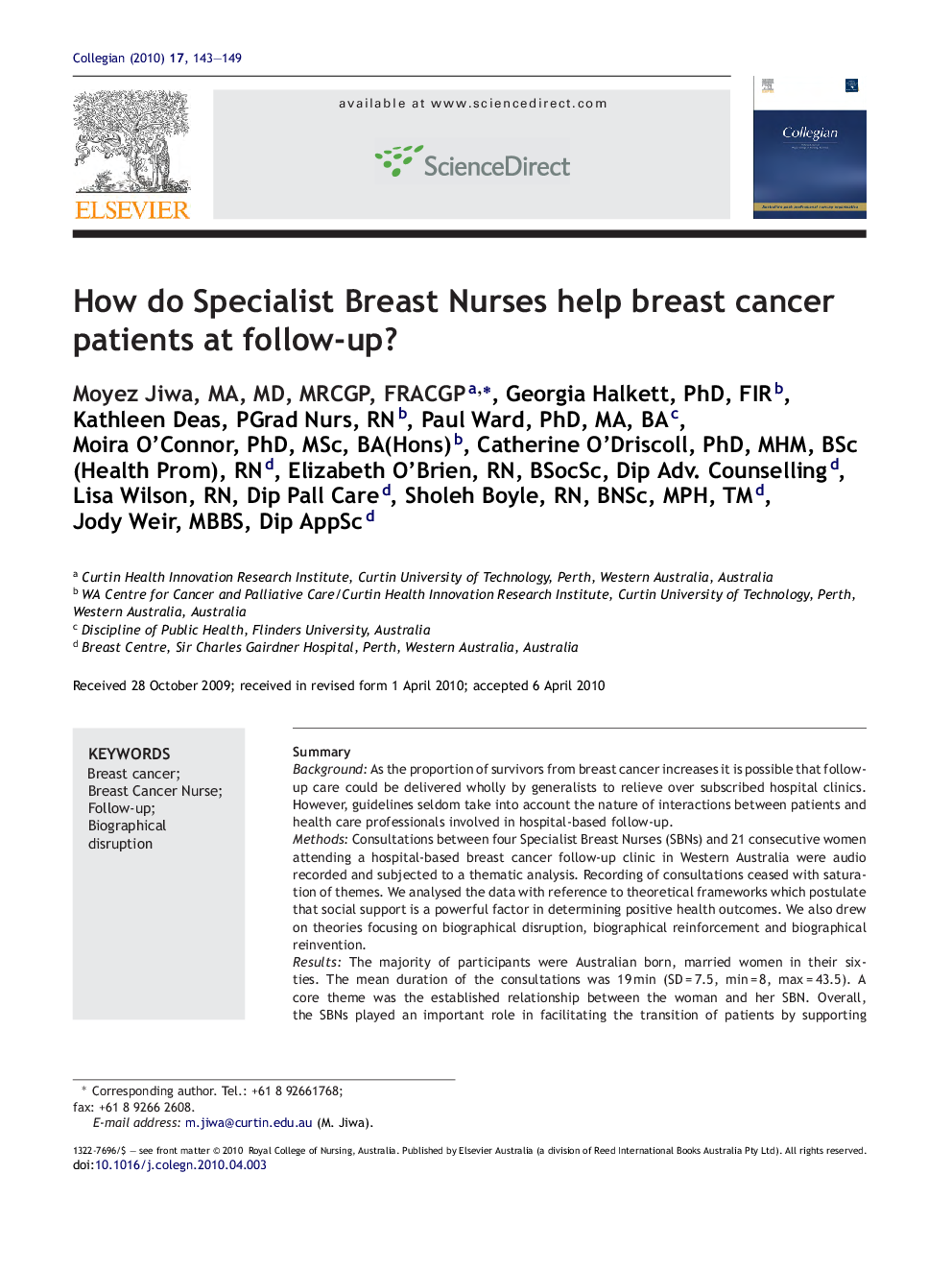 عکس صفحه اول مقاله: How do Specialist Breast Nurses help breast cancer patients at follow-up? How do Specialist Breast Nurses help breast cancer patients at follow-up?