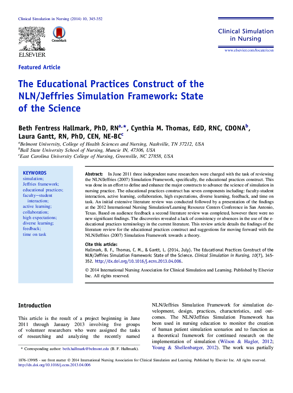 The Educational Practices Construct of the NLN/Jeffries Simulation Framework: State of the Science