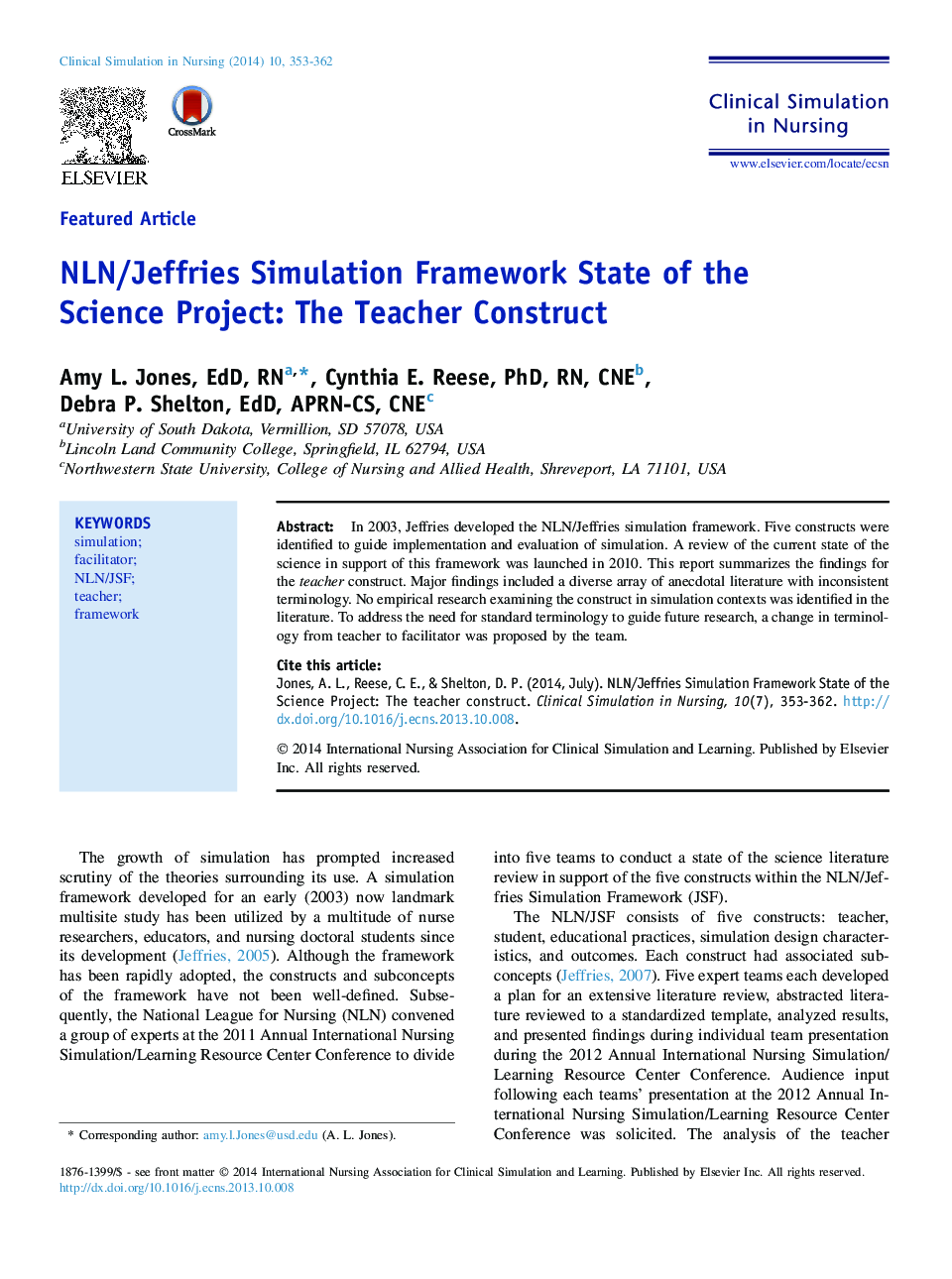 NLN/Jeffries Simulation Framework State of the Science Project: The Teacher Construct