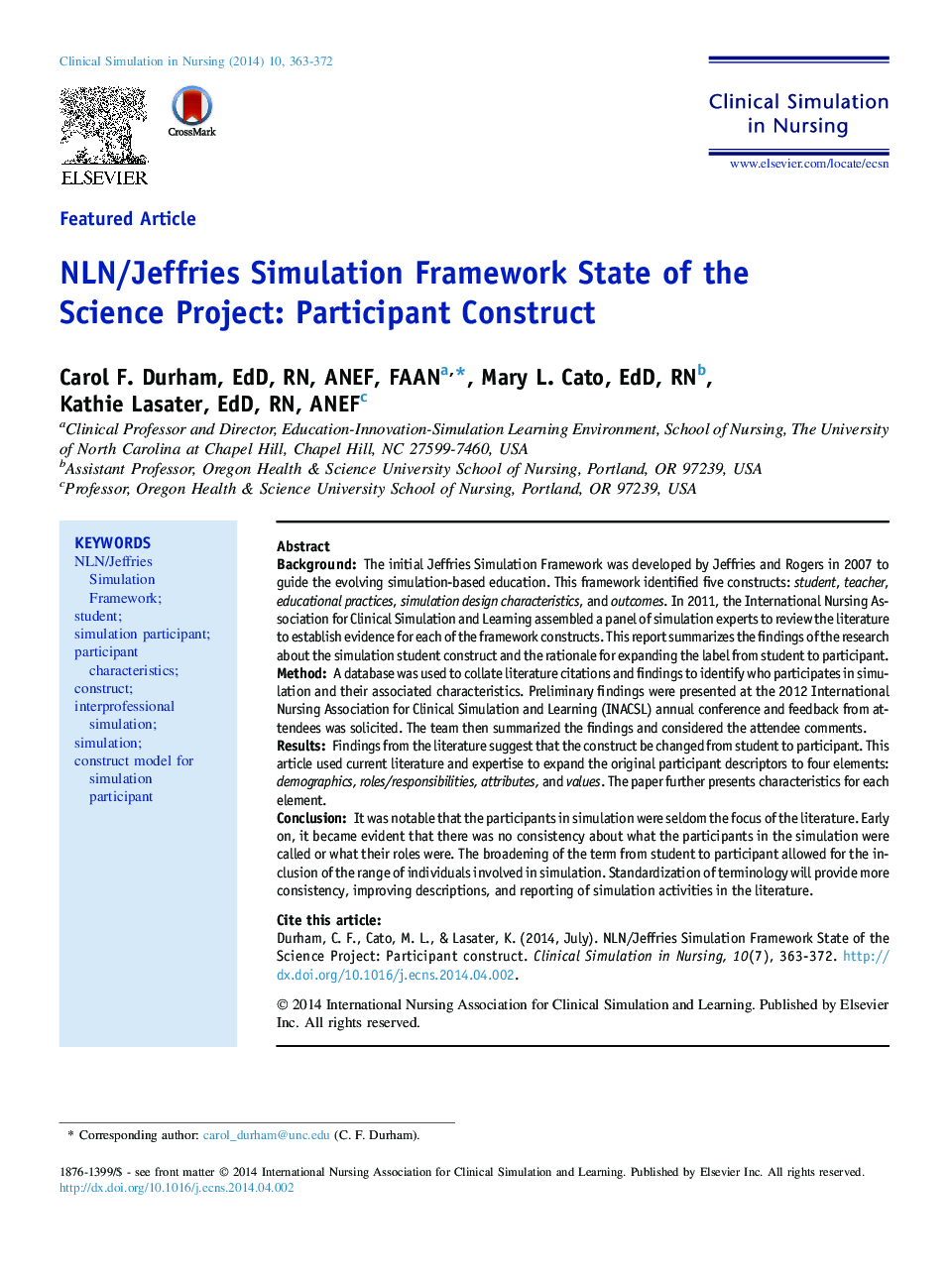 NLN/Jeffries Simulation Framework State of the Science Project: Participant Construct