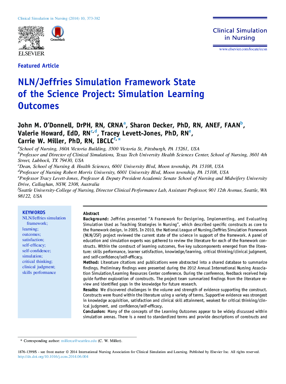 NLN/Jeffries Simulation Framework State of the Science Project: Simulation Learning Outcomes