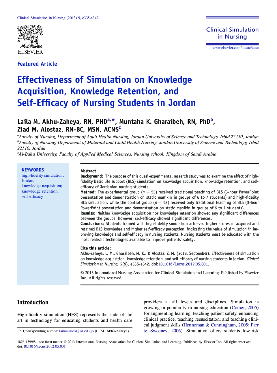 Effectiveness of Simulation on Knowledge Acquisition, Knowledge Retention, and Self-Efficacy of Nursing Students in Jordan