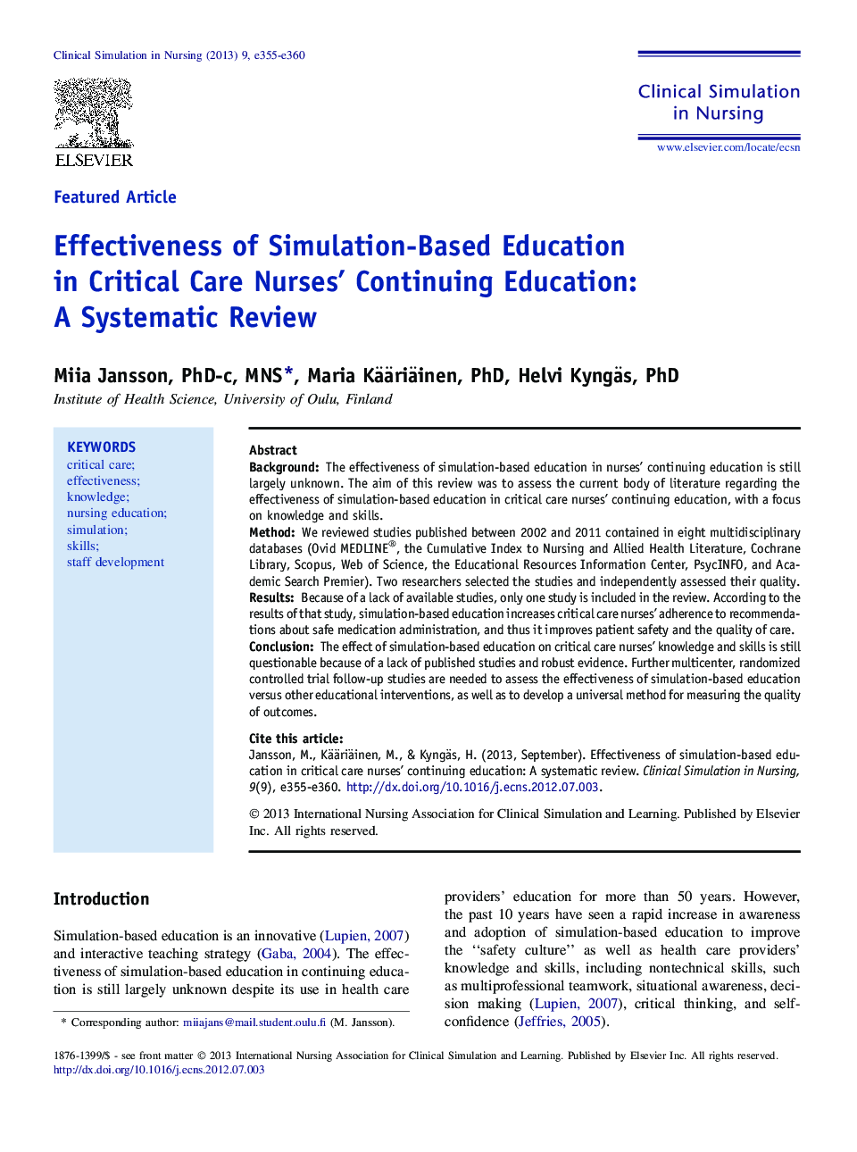 Effectiveness of Simulation-Based Education in Critical Care Nurses' Continuing Education: A Systematic Review