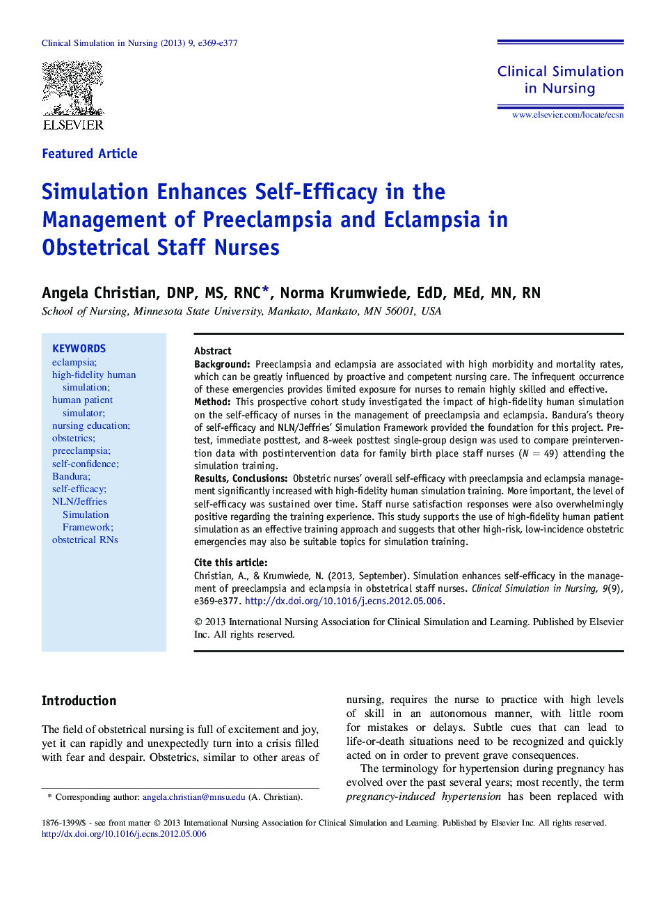 Simulation Enhances Self-Efficacy in the Management of Preeclampsia and Eclampsia in Obstetrical Staff Nurses