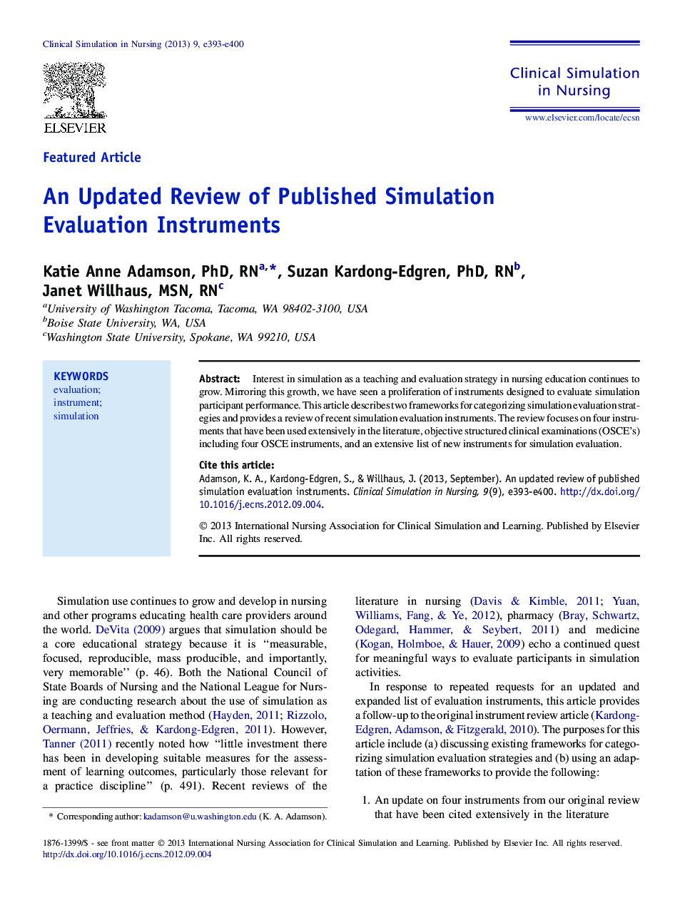 An Updated Review of Published Simulation Evaluation Instruments