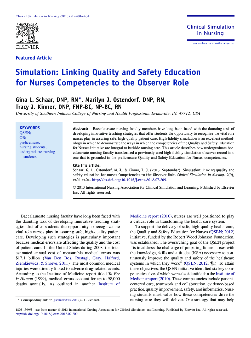 Simulation: Linking Quality and Safety Education for Nurses Competencies to the Observer Role