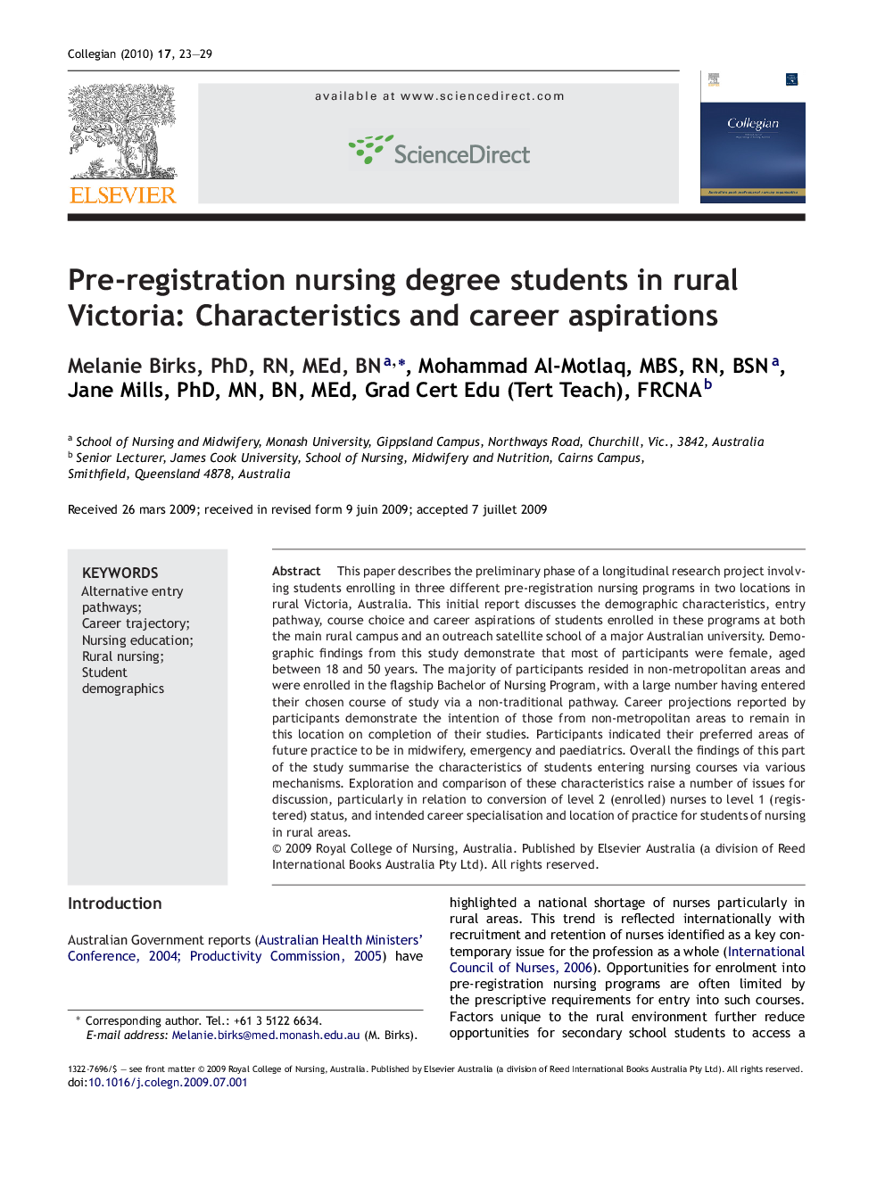 Pre-registration nursing degree students in rural Victoria: Characteristics and career aspirations