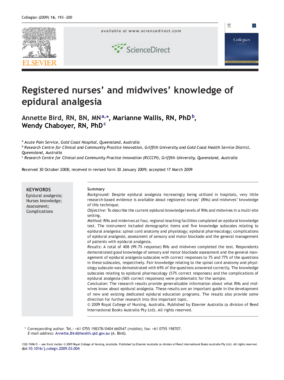 Registered nurses’ and midwives’ knowledge of epidural analgesia