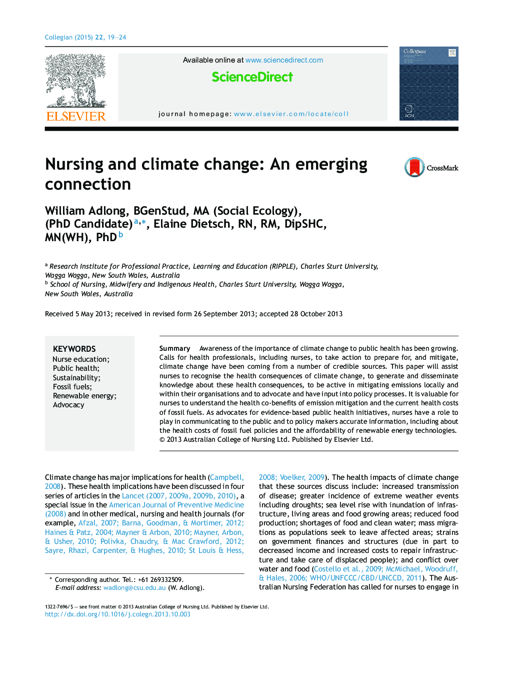 Nursing and climate change: An emerging connection