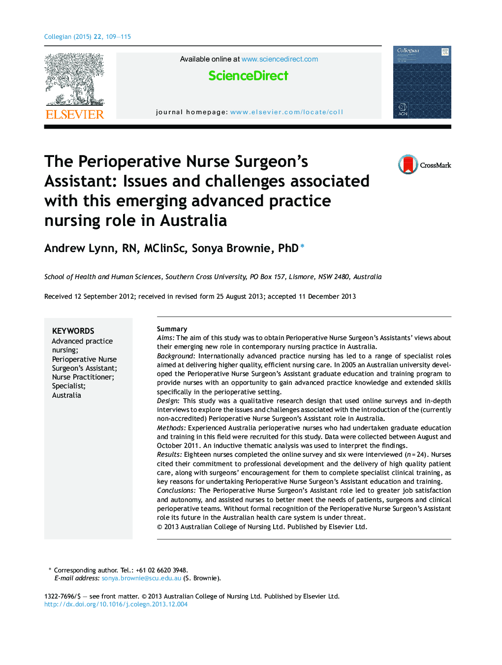 The Perioperative Nurse Surgeon's Assistant: Issues and challenges associated with this emerging advanced practice nursing role in Australia