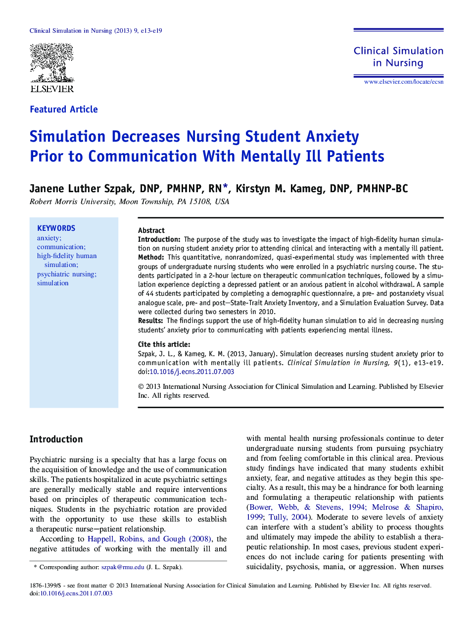 Simulation Decreases Nursing Student Anxiety Prior to Communication With Mentally Ill Patients