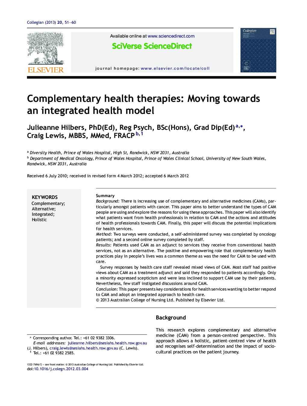 Complementary health therapies: Moving towards an integrated health model