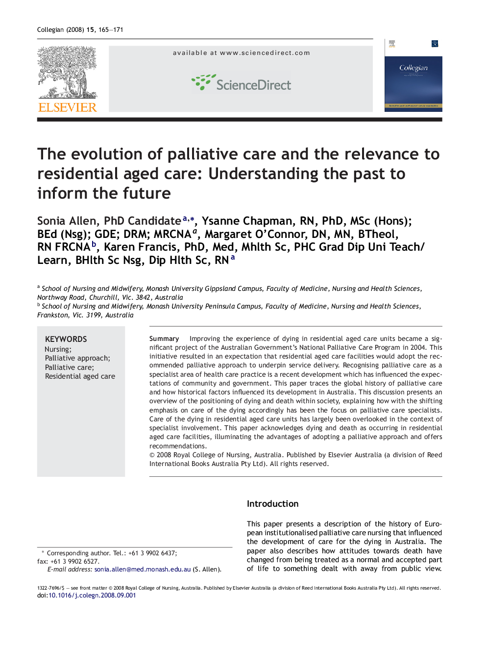 The evolution of palliative care and the relevance to residential aged care: Understanding the past to inform the future