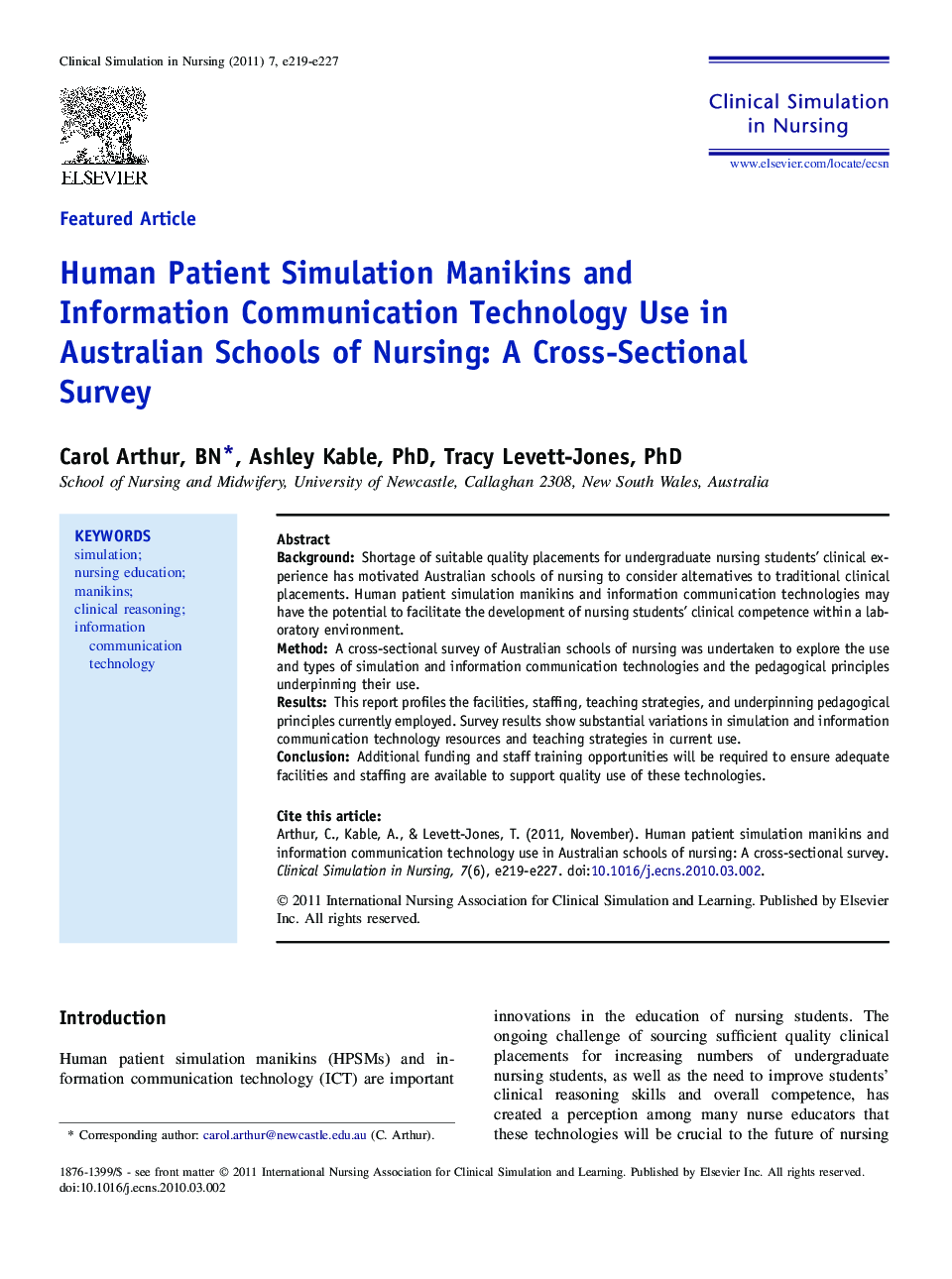 Human Patient Simulation Manikins and Information Communication Technology Use in Australian Schools of Nursing: A Cross-Sectional Survey