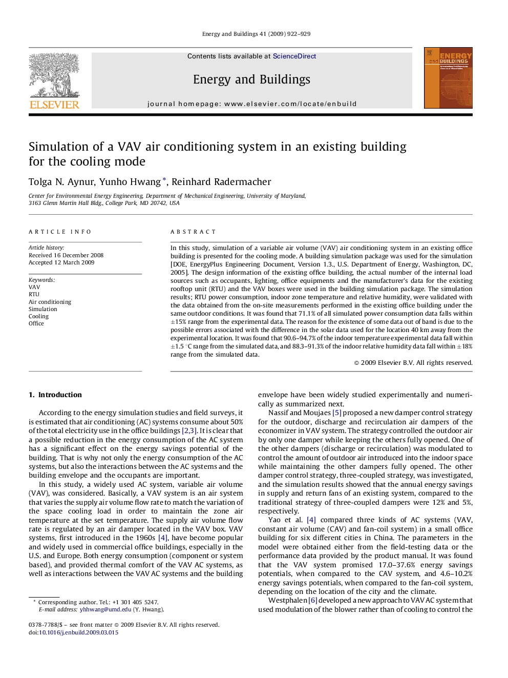 Simulation of a VAV air conditioning system in an existing building for the cooling mode