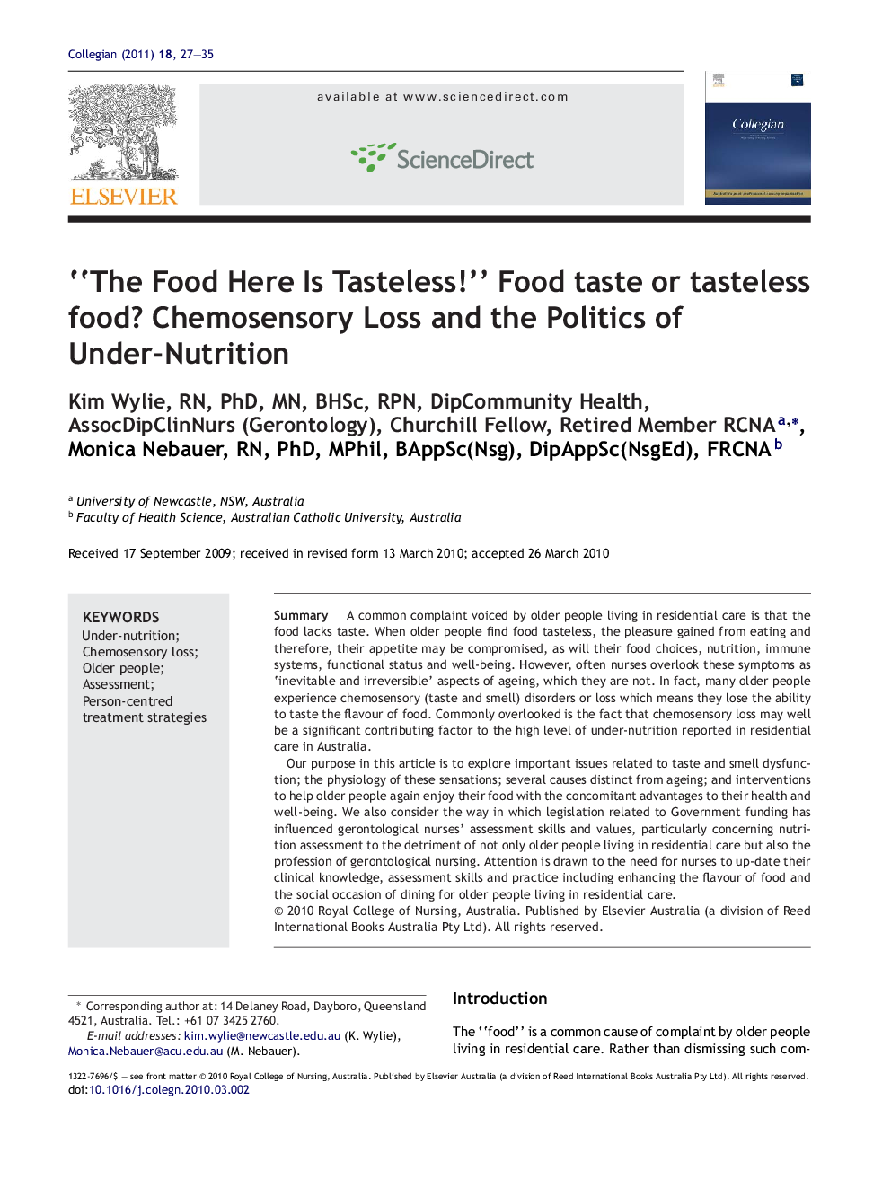 “The Food Here Is Tasteless!” Food taste or tasteless food? Chemosensory Loss and the Politics of Under-Nutrition