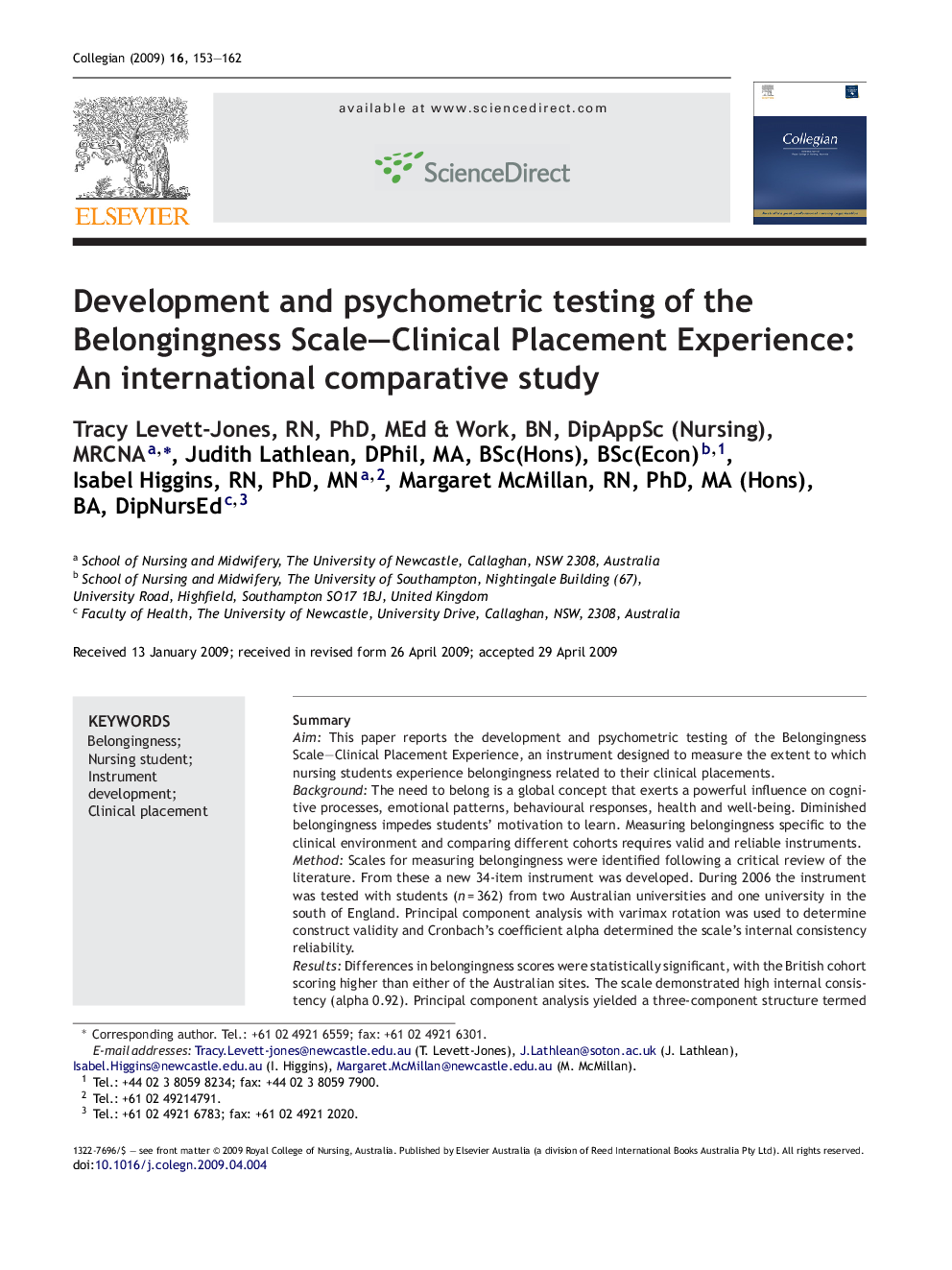 Development and psychometric testing of the Belongingness Scale–Clinical Placement Experience: An international comparative study