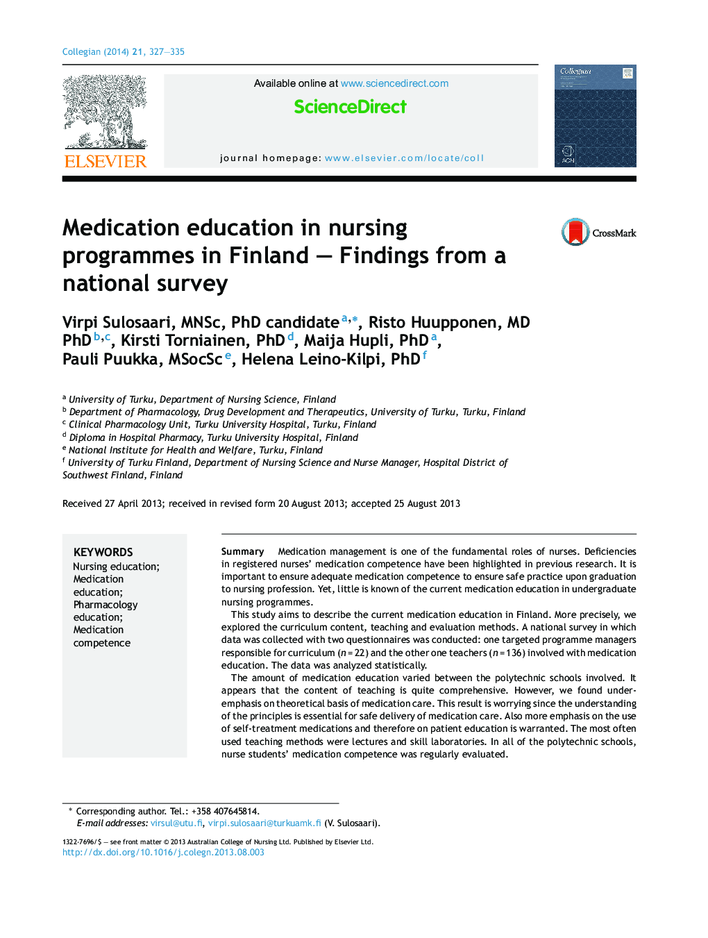 Medication education in nursing programmes in Finland – Findings from a national survey