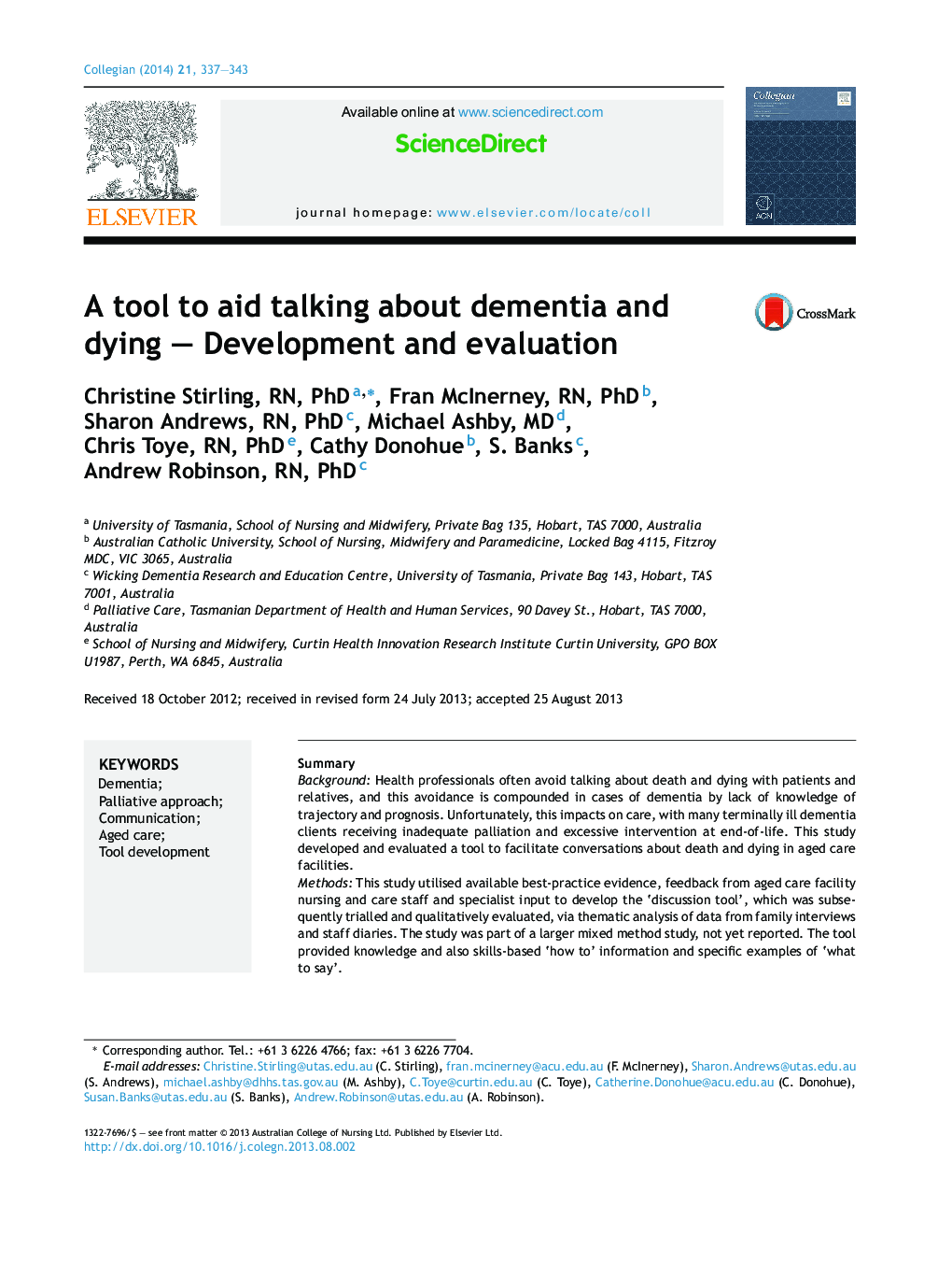 A tool to aid talking about dementia and dying – Development and evaluation