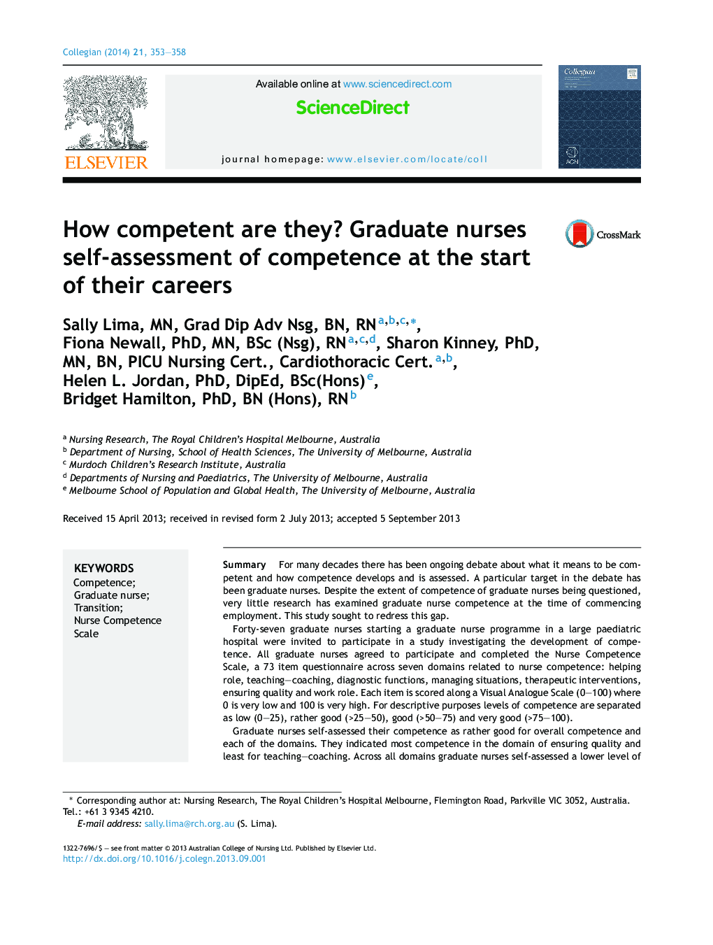 How competent are they? Graduate nurses self-assessment of competence at the start of their careers