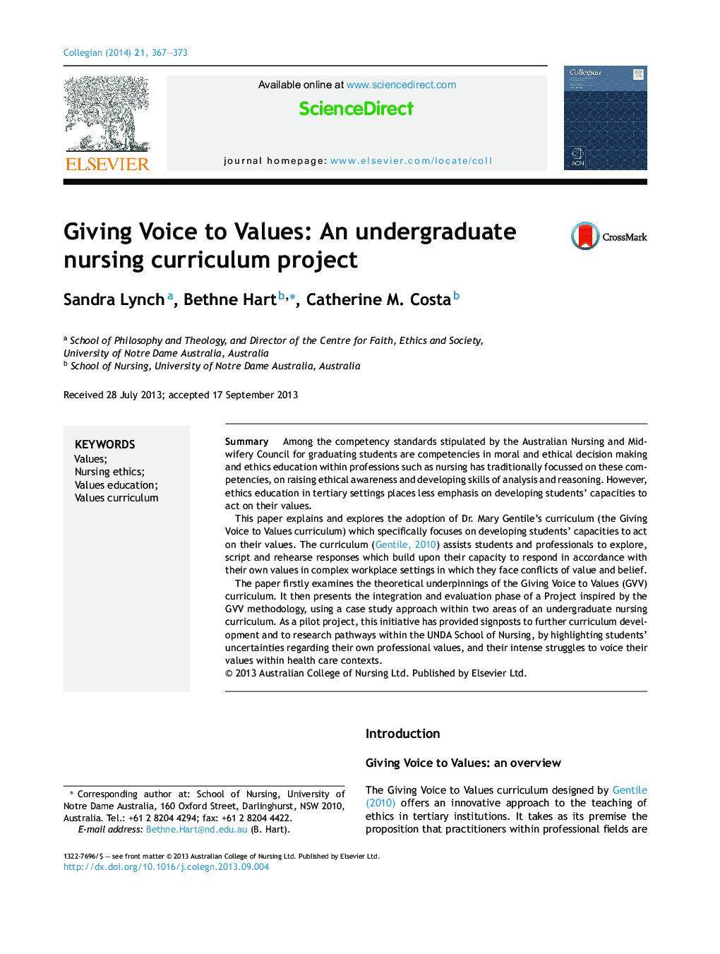 Giving Voice to Values: An undergraduate nursing curriculum project