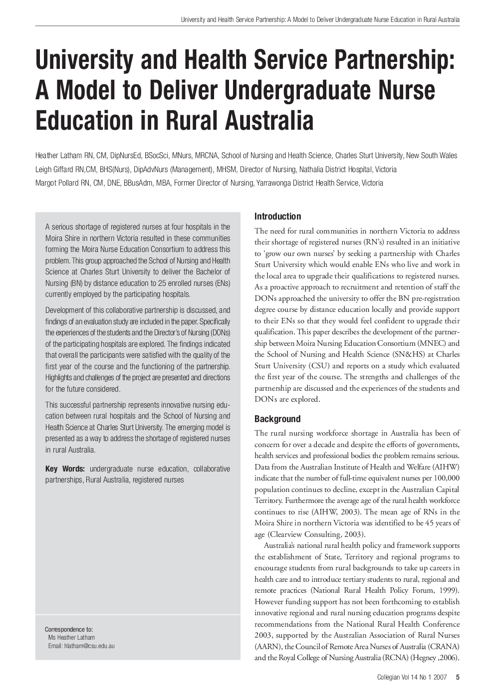 University and Health Service Partnership: A Model to Deliver Undergraduate Nurse Education in Rural Australia
