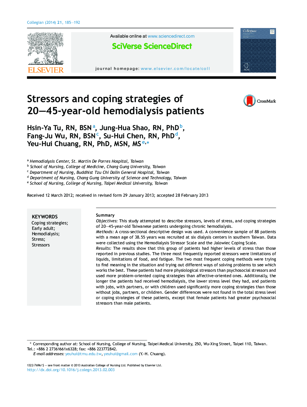 Stressors and coping strategies of 20–45-year-old hemodialysis patients