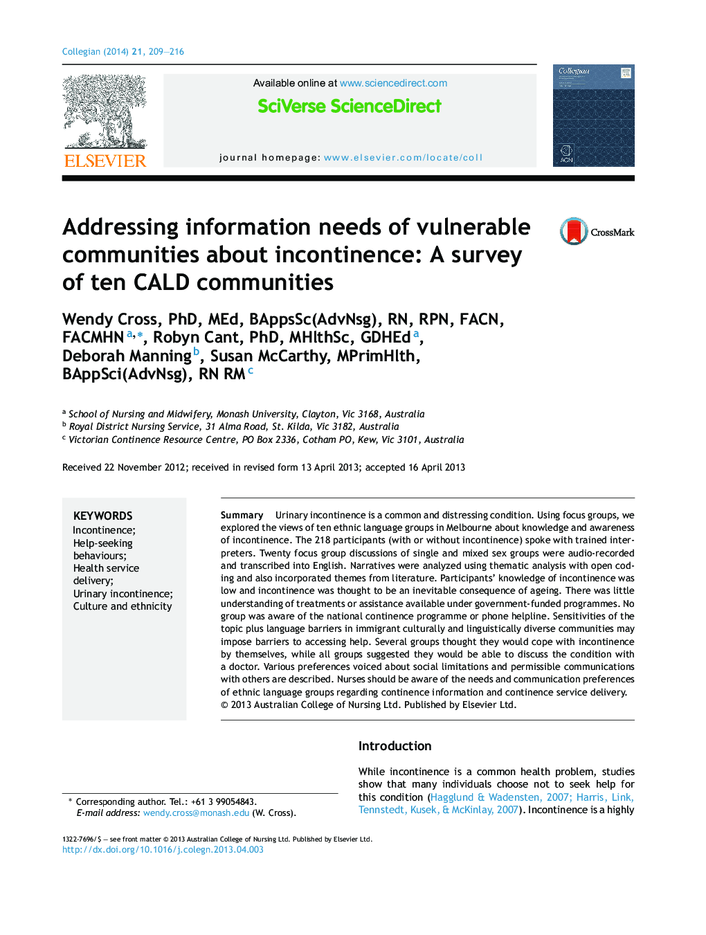 Addressing information needs of vulnerable communities about incontinence: A survey of ten CALD communities