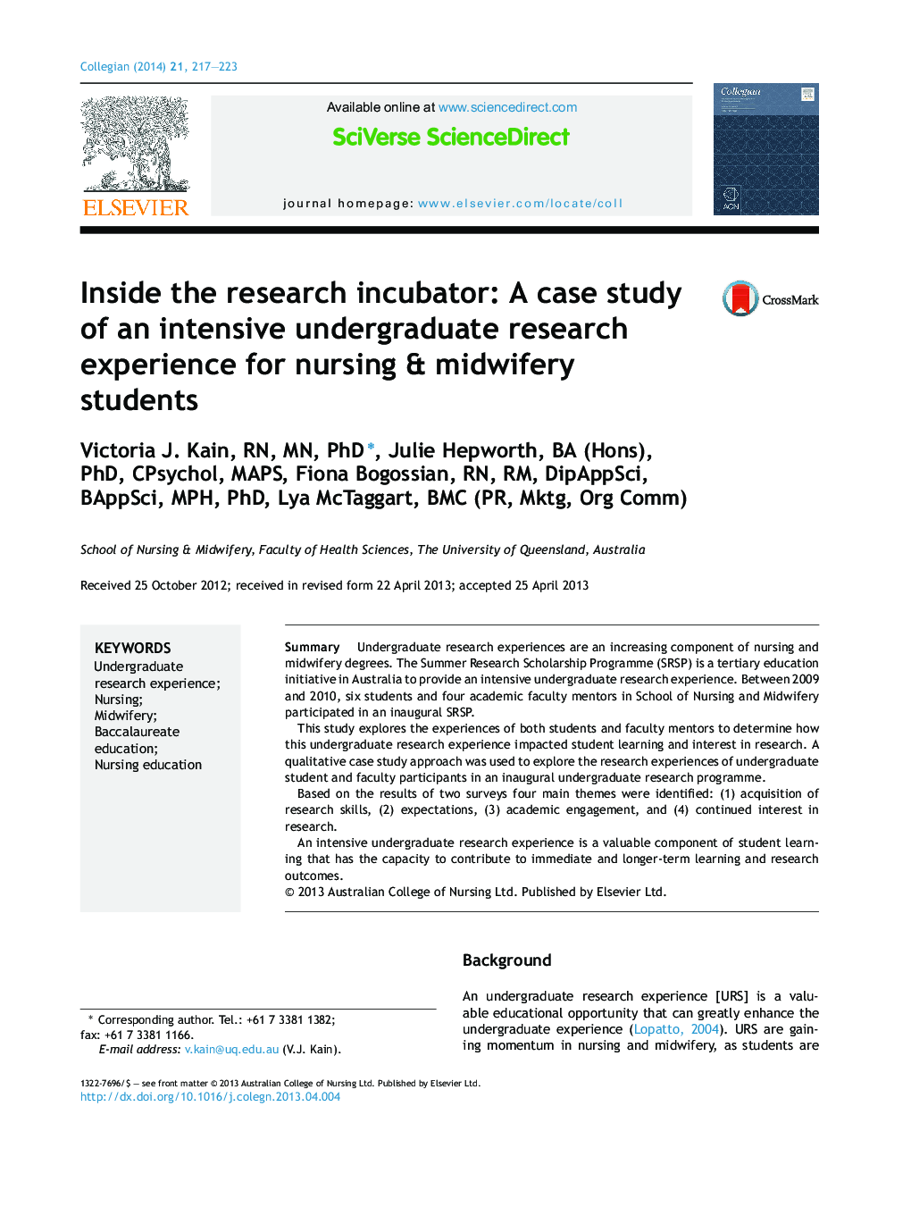 Inside the research incubator: A case study of an intensive undergraduate research experience for nursing & midwifery students