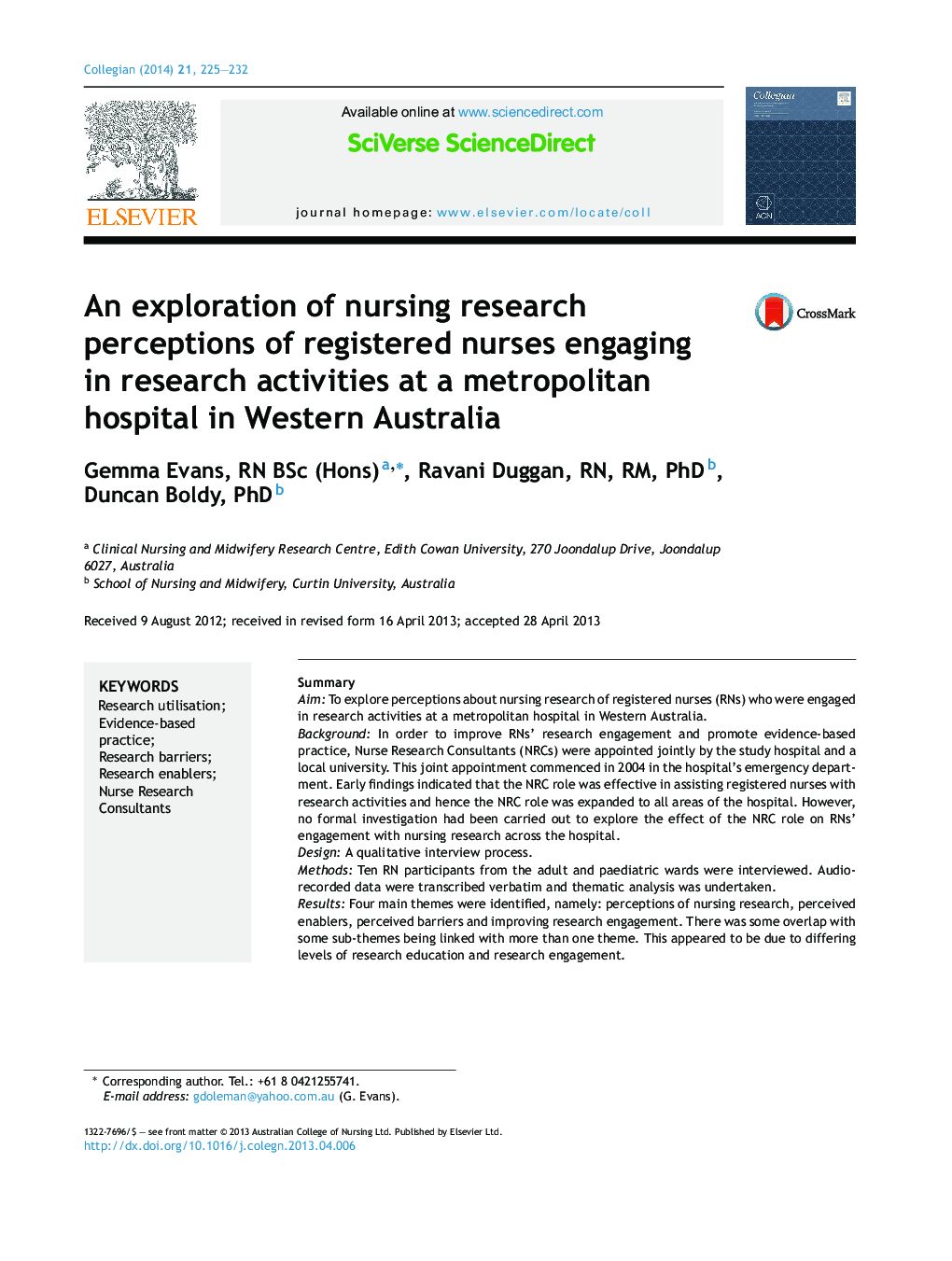 An exploration of nursing research perceptions of registered nurses engaging in research activities at a metropolitan hospital in Western Australia