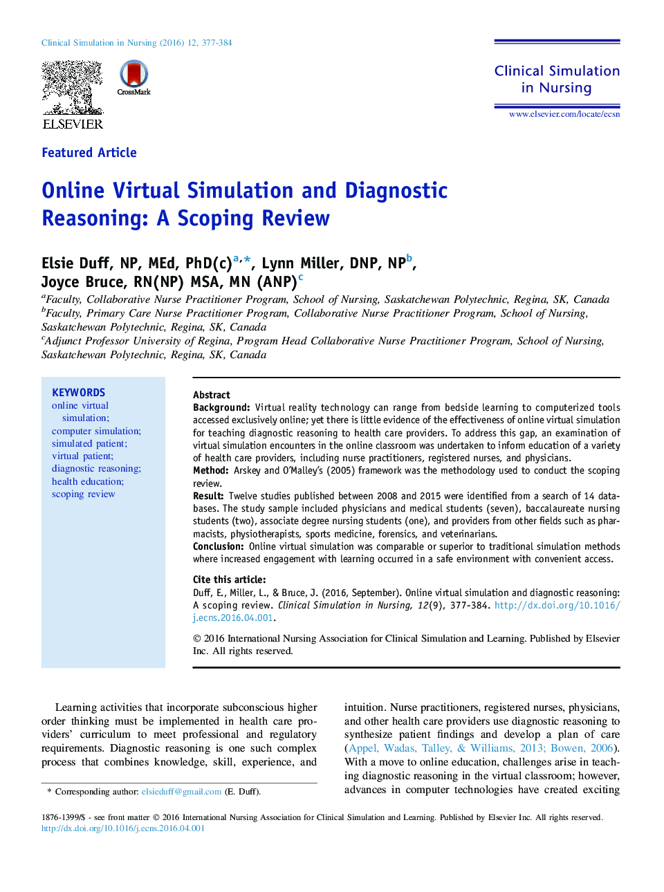 Online Virtual Simulation and Diagnostic Reasoning: A Scoping Review