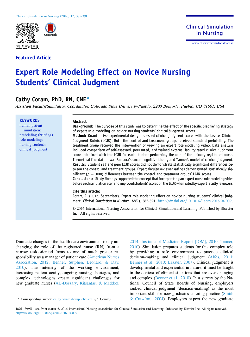 Expert Role Modeling Effect on Novice Nursing Students' Clinical Judgment