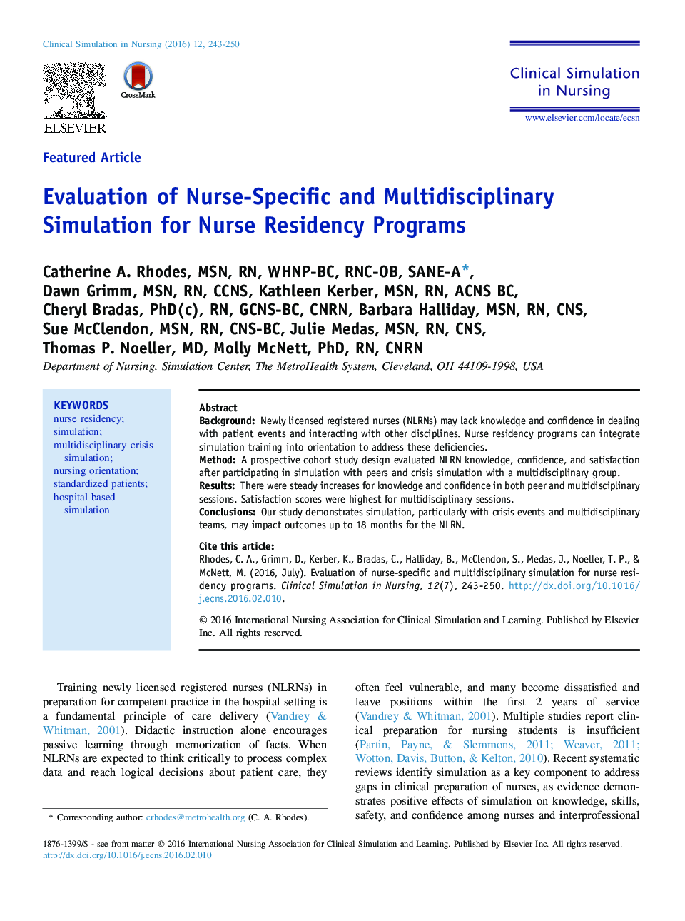 Evaluation of Nurse-Specific and Multidisciplinary Simulation for Nurse Residency Programs