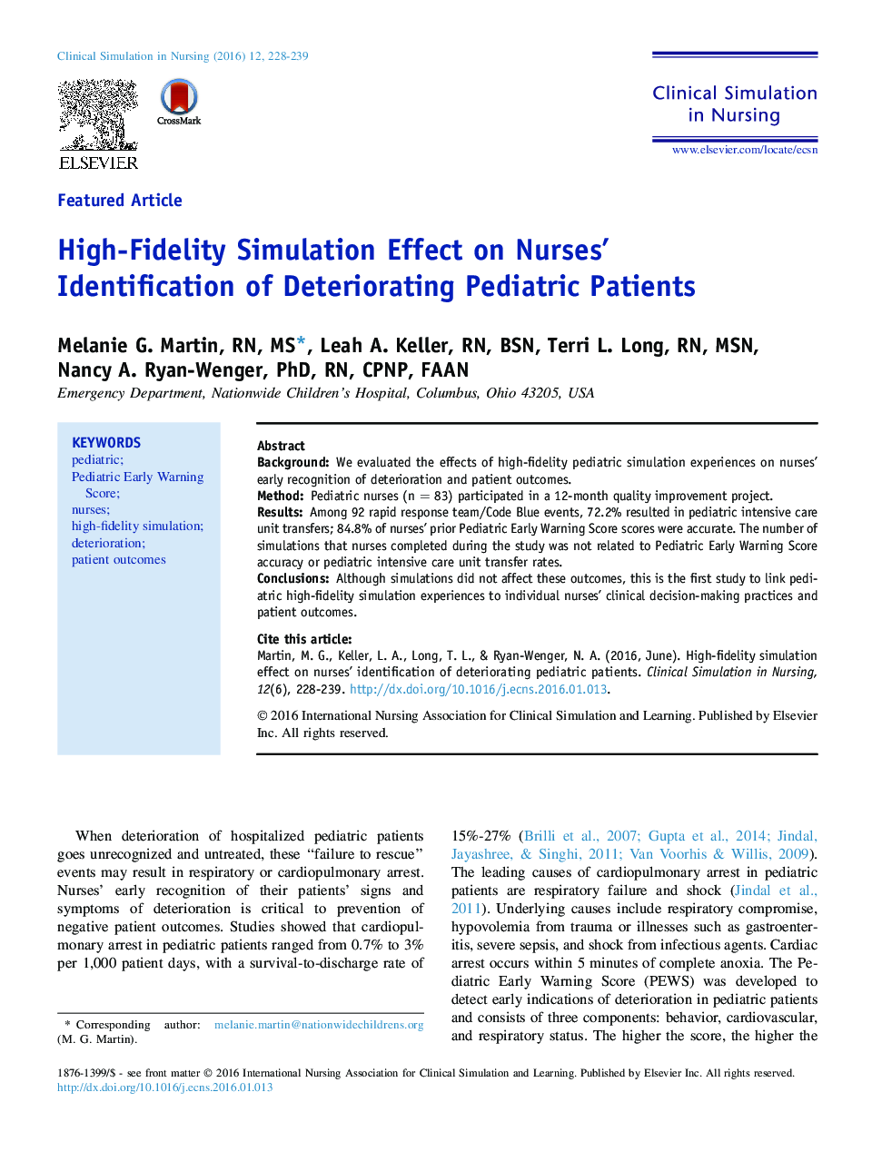 High-Fidelity Simulation Effect on Nurses' Identification of Deteriorating Pediatric Patients